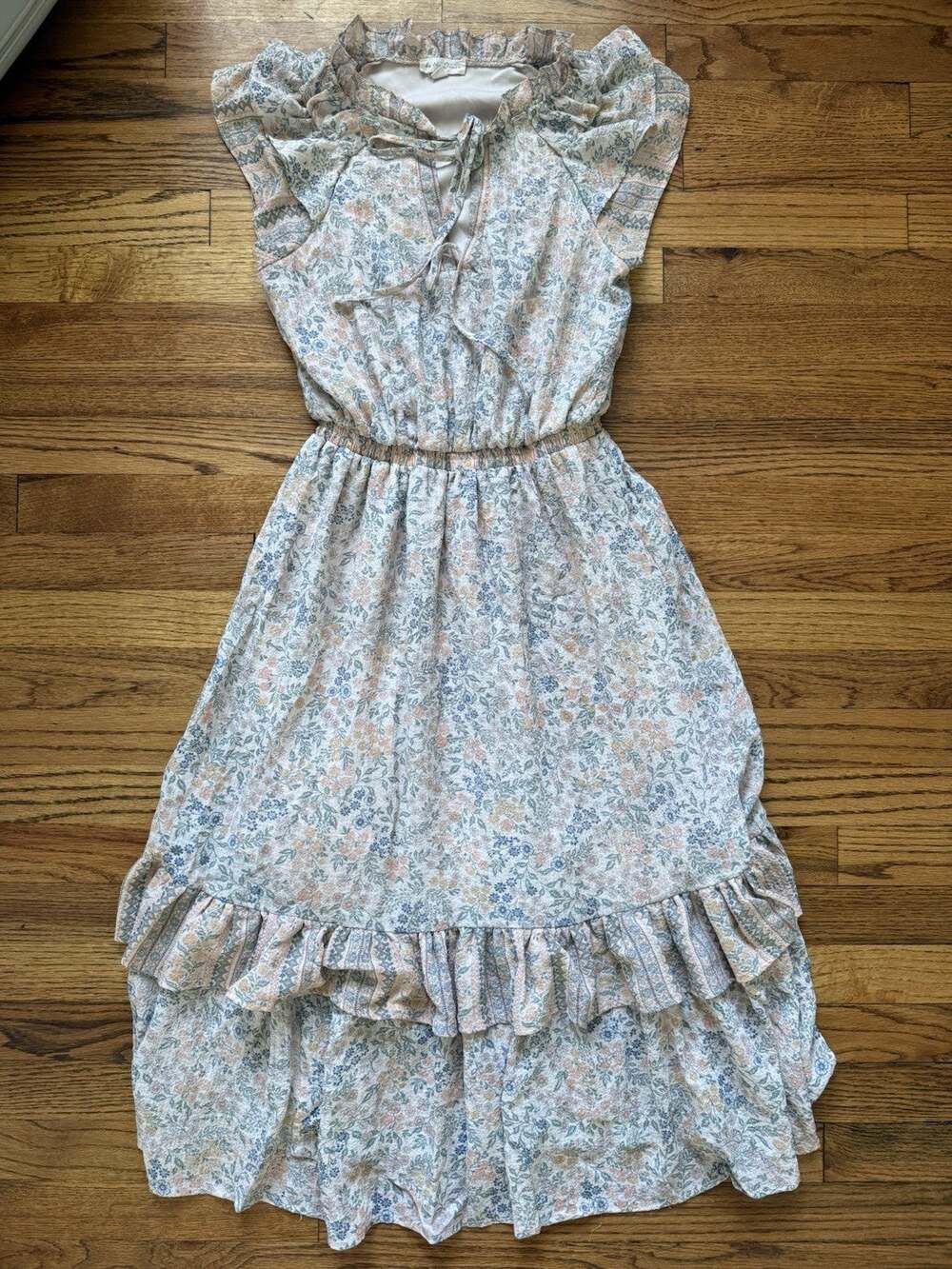 By The River Floral Ruffle Tiered Maxi Dress Blue Pink Cottagecore Womens Size M